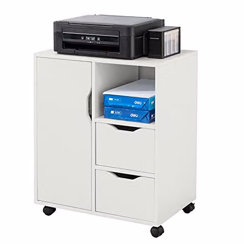 SoBuy Cassettiera da Scrivania Ufficio su Ruote Cassettiera Ufficio con 2 Cassetti, 1 Anta e 1 Ripiano Aperto Carrello Tavolino Comodino Piccolo Comodino Bianco L60xP35xA70cm FBT105-W