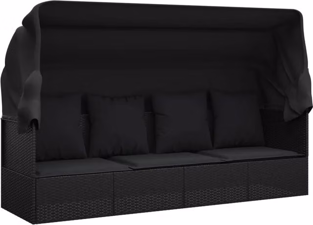Divano da esterno Outsunny in polyrattan nero con tetto parasole e cuscini L: 203 cm, P: 58 cm, H: 56 cm