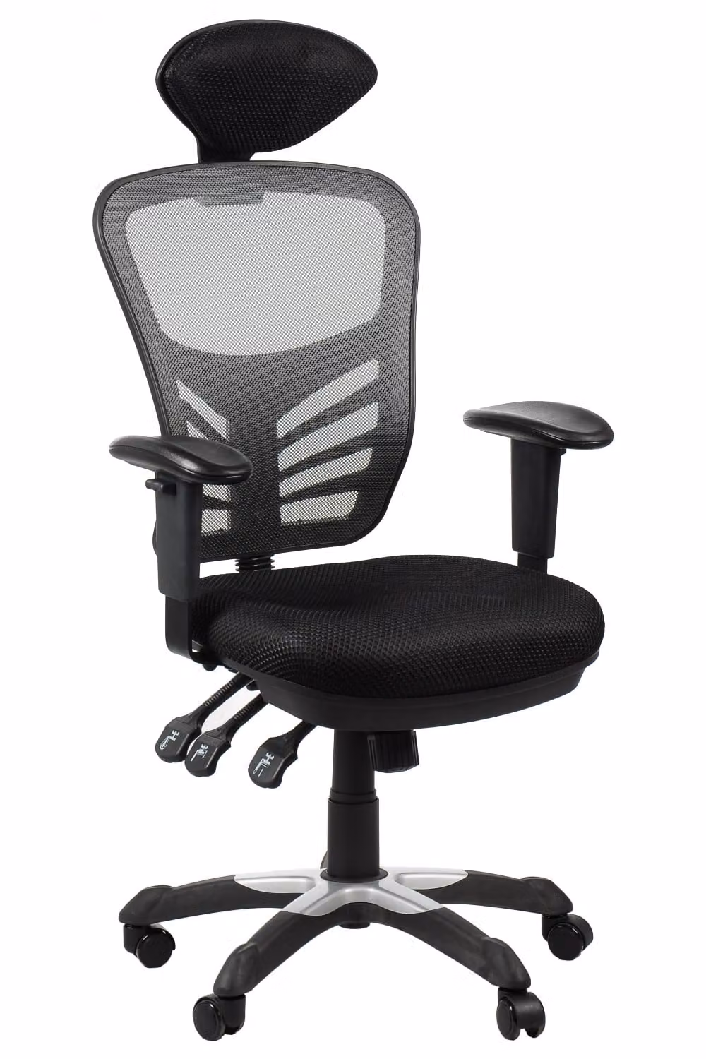Sedia da ufficio ergonomica girevole HG-0001H, base in nylon, braccioli regolabili, poggiatesta, nero/grigio