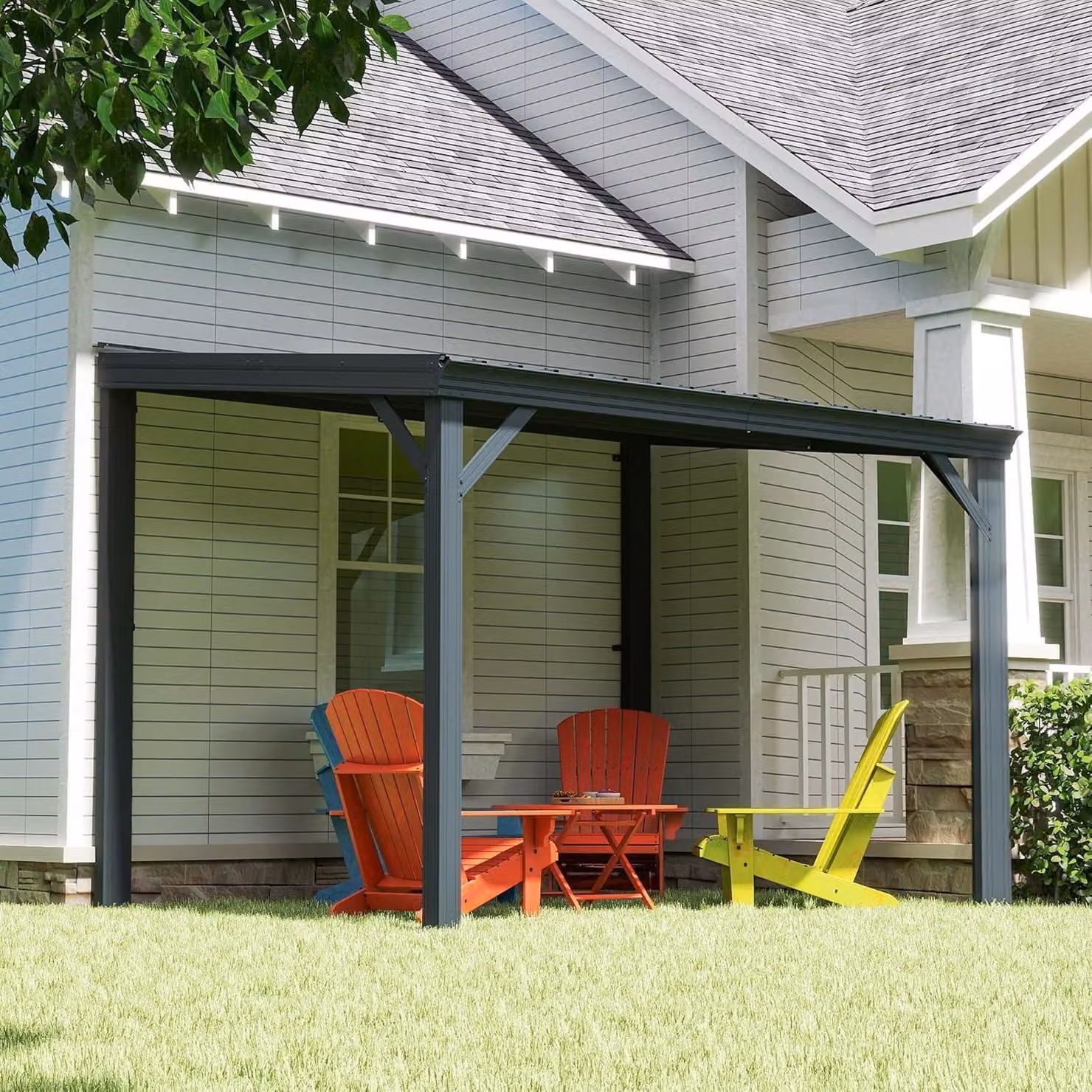 Gazebo da parete, dimensioni 2,4 x 3 metri, con tetto in acciaio zincato grigio e sistema di drenaggio