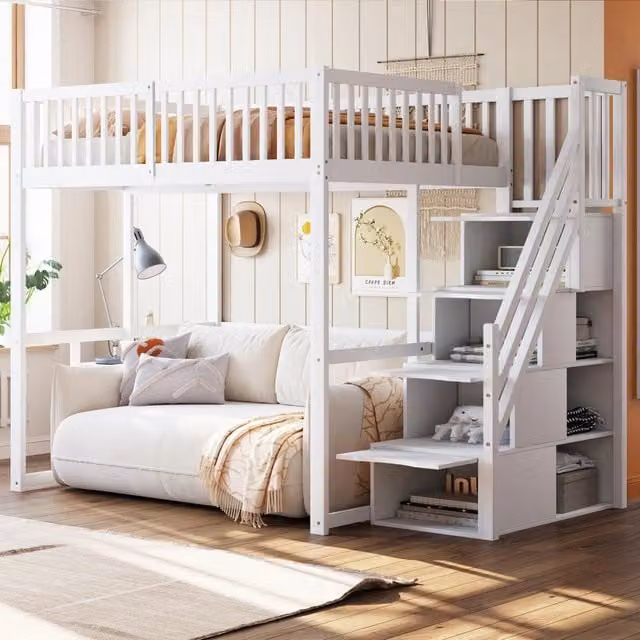 Letto a castello bianco in legno di pino con funzione contenitore 140x200 cm