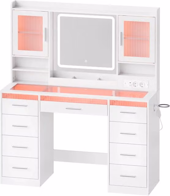 Toeletta con 9 cassetti; 2 armadietti; ripiani regolabili; specchio LED e piano in vetro per camera da letto
