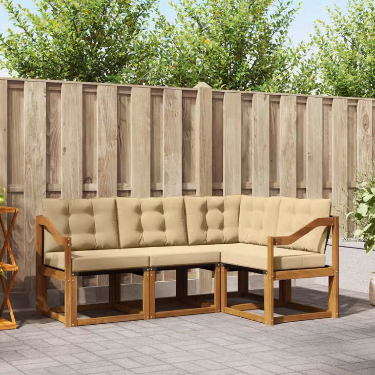 Set di divani da esterno vidaXL 4 pezzi in legno di acacia e textilene, colore marrone e beige, con cuscini inclusi e design moderno a forma di L