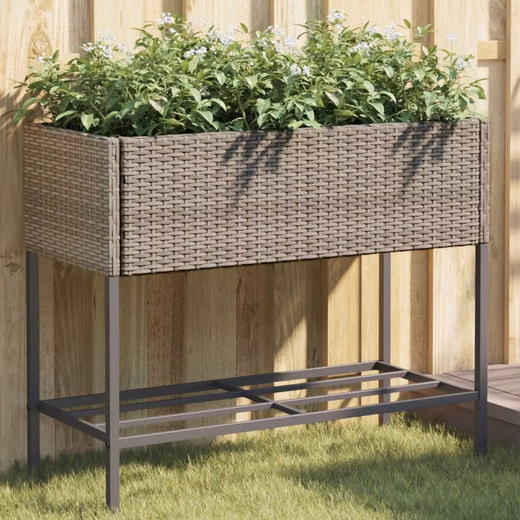 Fioriera da giardino con ripiano vidaXL in polyrattan grigia L: 90 cm, P: 40 cm, H: 75 cm