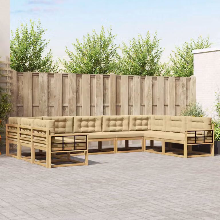 vidaXL Set di divani da esterno a L in legno di acacia con cuscini, 9 pezzi, Bianco e Beige