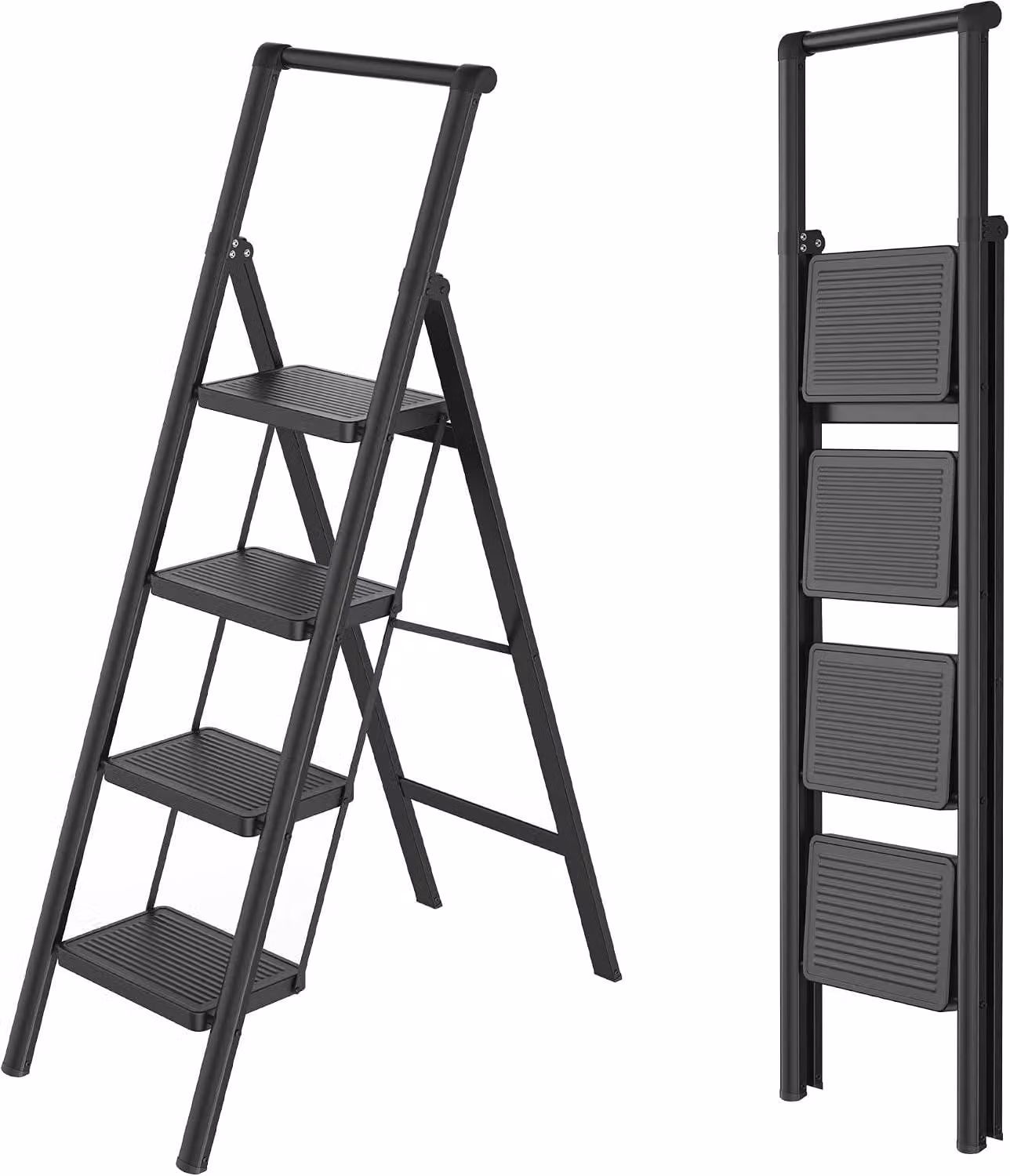 Scala pieghevole a 4 gradini con corrimano e gradini larghi antiscivolo, portata massima di 150 kg, colore nero, ideale per uso domestico e in ufficio