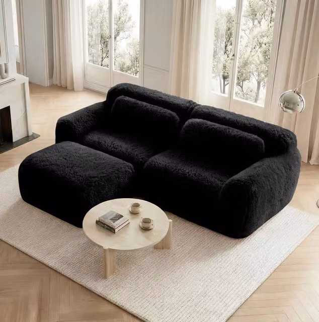 Divano modulare angolare 2 posti a L 204x179x73 cm in tessuto plush nero; senza montaggio