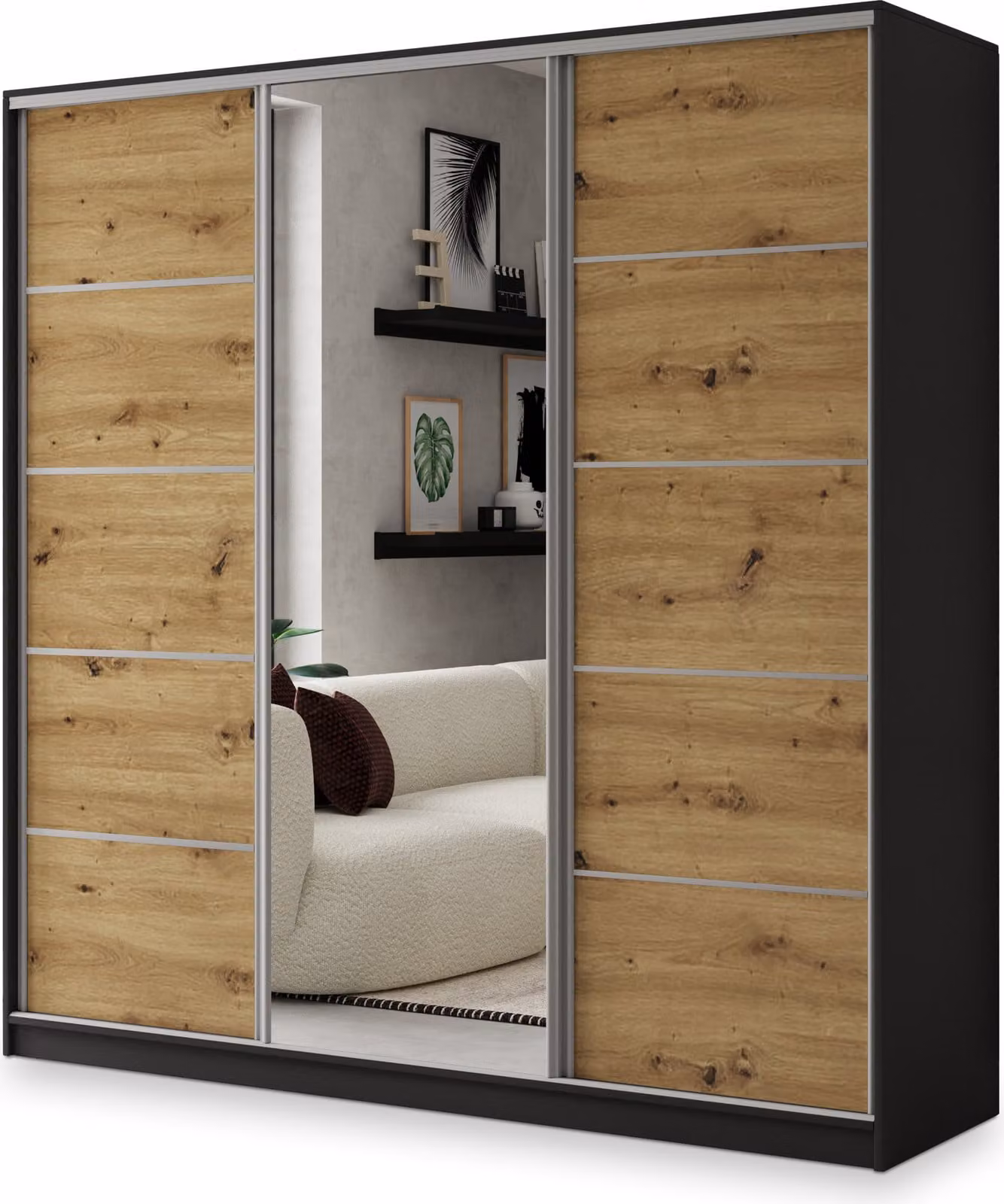 Armadio scorrevole Masseno NATA 200/205/58 cm Armadio con 4 cassetti Armadio per camera da letto a 3 ante con specchio Nero / Rovere Artisan