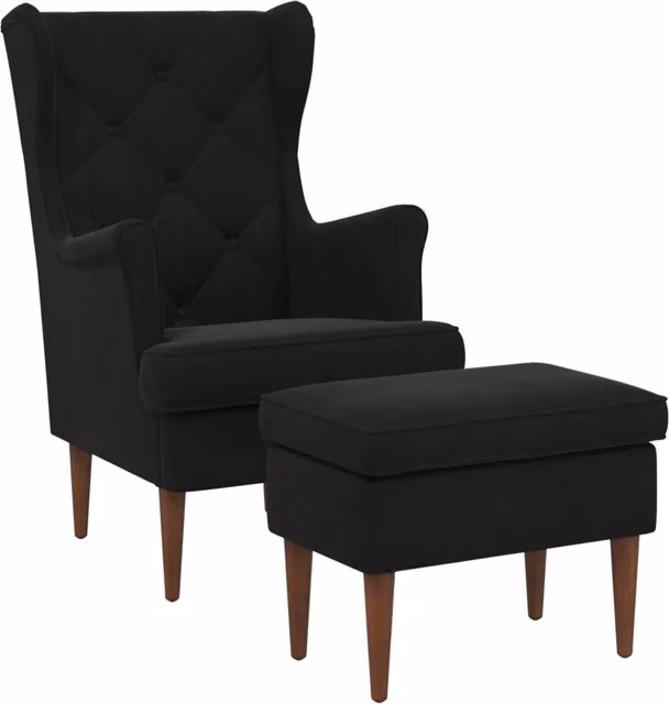 Set di Poltrona con Ottomano in Velluto Nero con Braccioli e Struttura Moderna per Soggiorno o Camera da Letto