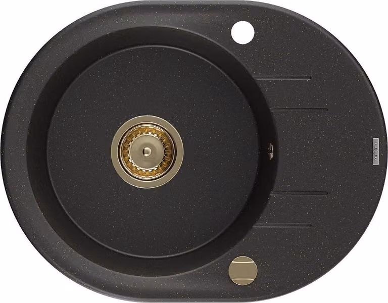 Mexen Kevin lavello in granito a 1 vasca con scolapiatti 586 x 458 mm, nero/oro metallico, sifone oro - 6517581005-75-G