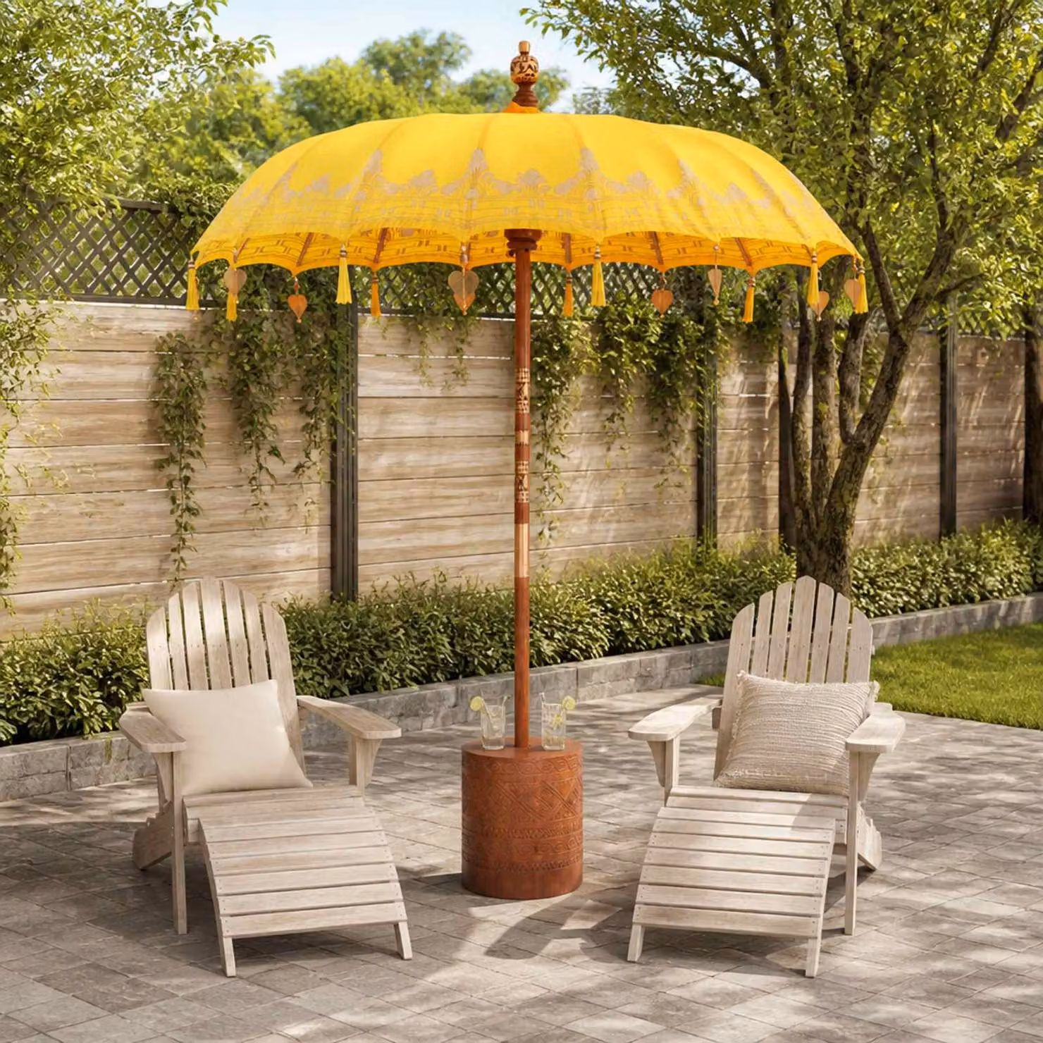 Ombrello balinese con base vidaXL, Giallo e marrone, L: 190 cm, P: 190 cm, H: 295 cm