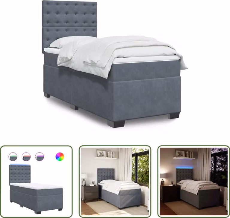The Living Store Letto a molle con materasso grigio scuro 90x190 cm in velluto