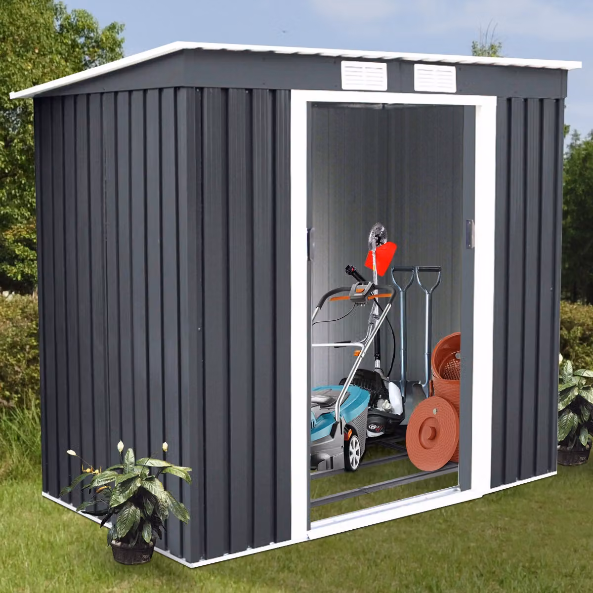 Casetta da giardino Costway in acciaio galvanizzato Grigio con porte scorrevoli e base, H 213 x L 173 x P 130 cm – 3