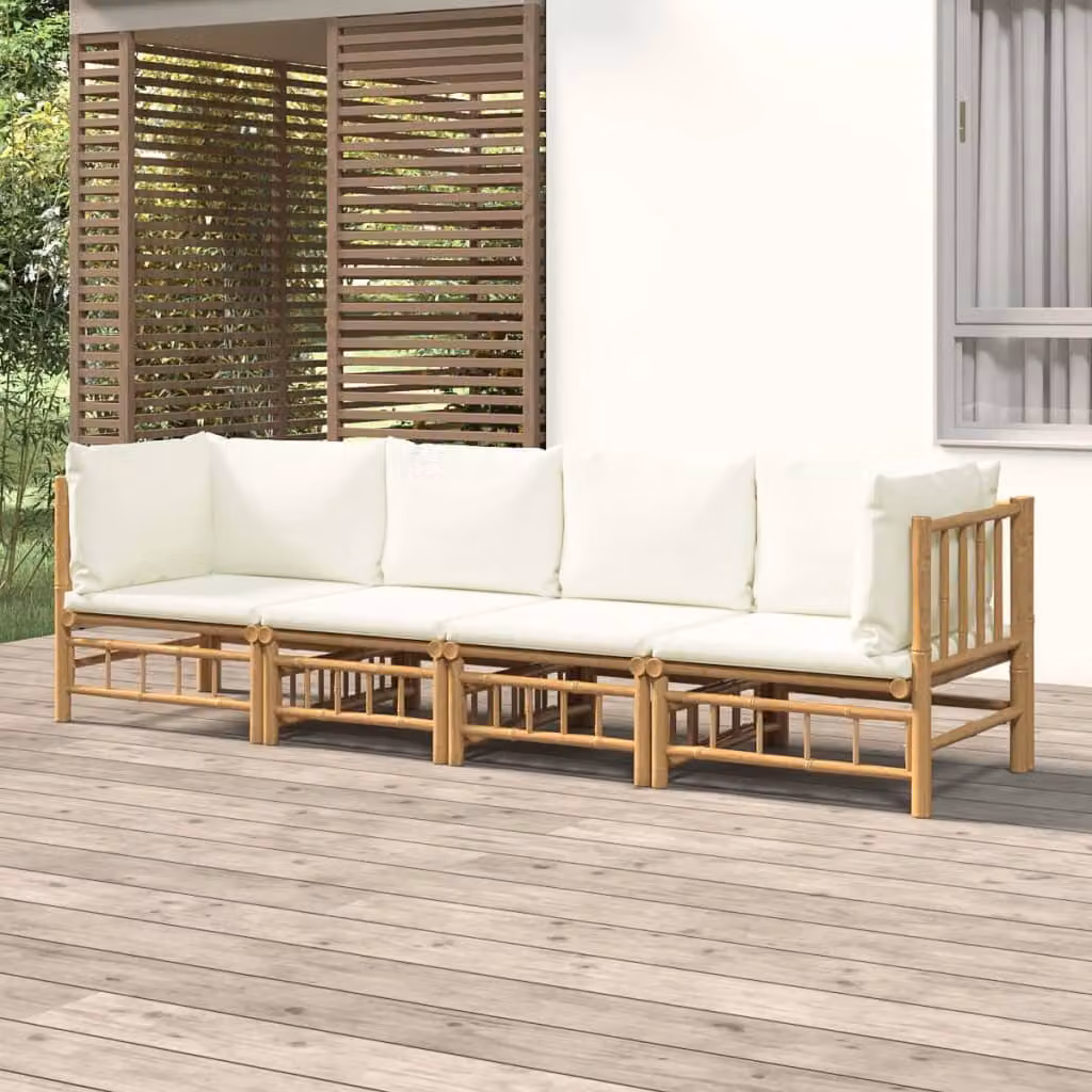 Set Salotto da Giardino vidaXL in Bambu con Cuscini, Design Moderno a L, Colore Bianco Beige e Marrone