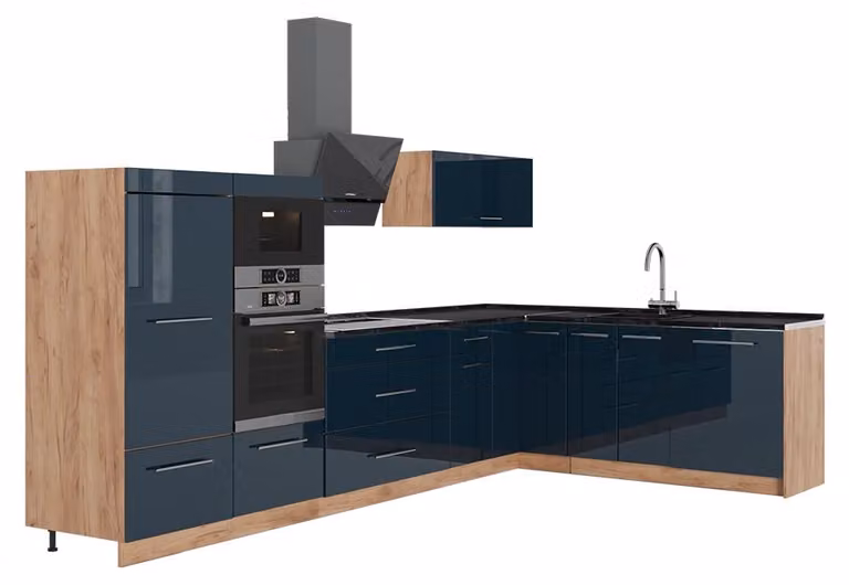Cucina angolare completa Vicco Fame-Line Blu scuro lucido/Rovere dorato 347 x cm, PL Antracite, Model 65715