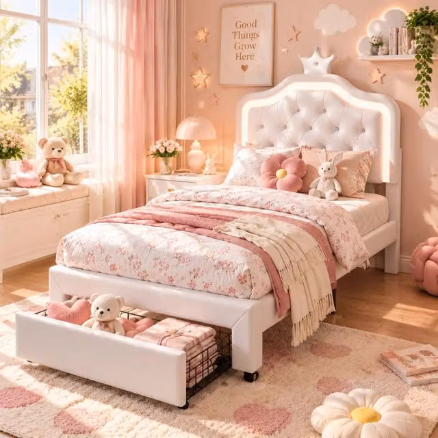 Letto Singolo Imbottito 90x200 cm, Letto Contenitore Bambini con 1 Cassetto, Testiera Regolabile, Stile Principessa, Rete a Doghe, Senza Materasso, PU, Bianco