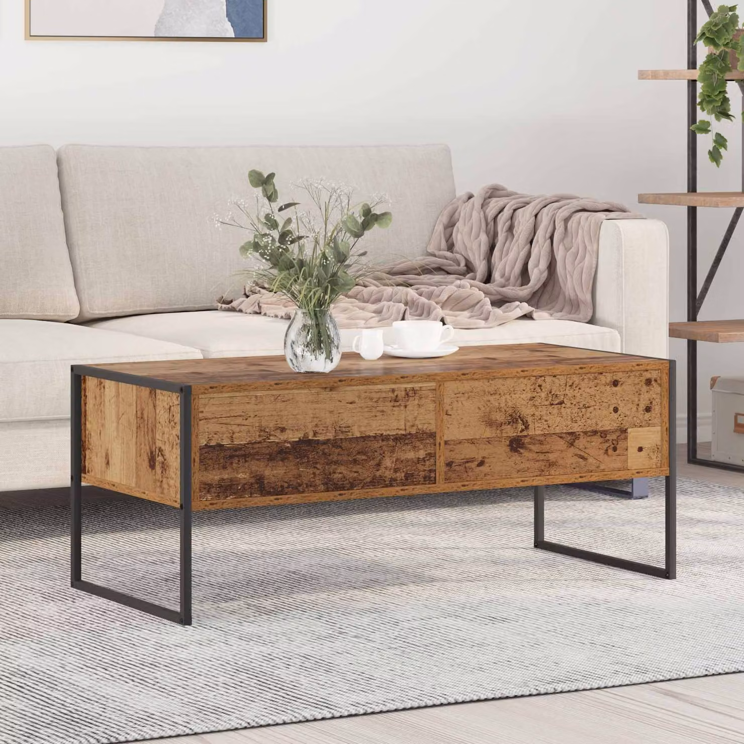 Tavolino da salotto vidaXL in stile industriale con piano in legno marrone e base in metallo L: 100 cm, P: 46 cm, H: 40 cm