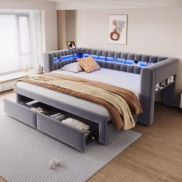 Divano letto imbottito 90/180 x 190 cm con letto estraibile e cassetti, vani contenitore, illuminazione LED, USB e Type-C, velluto Grigio scuro