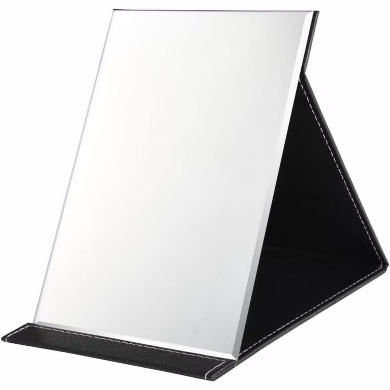 Specchio da trucco pieghevole, extra grande, 26 x 18 cm, nero, in ecopelle, con vetro HD