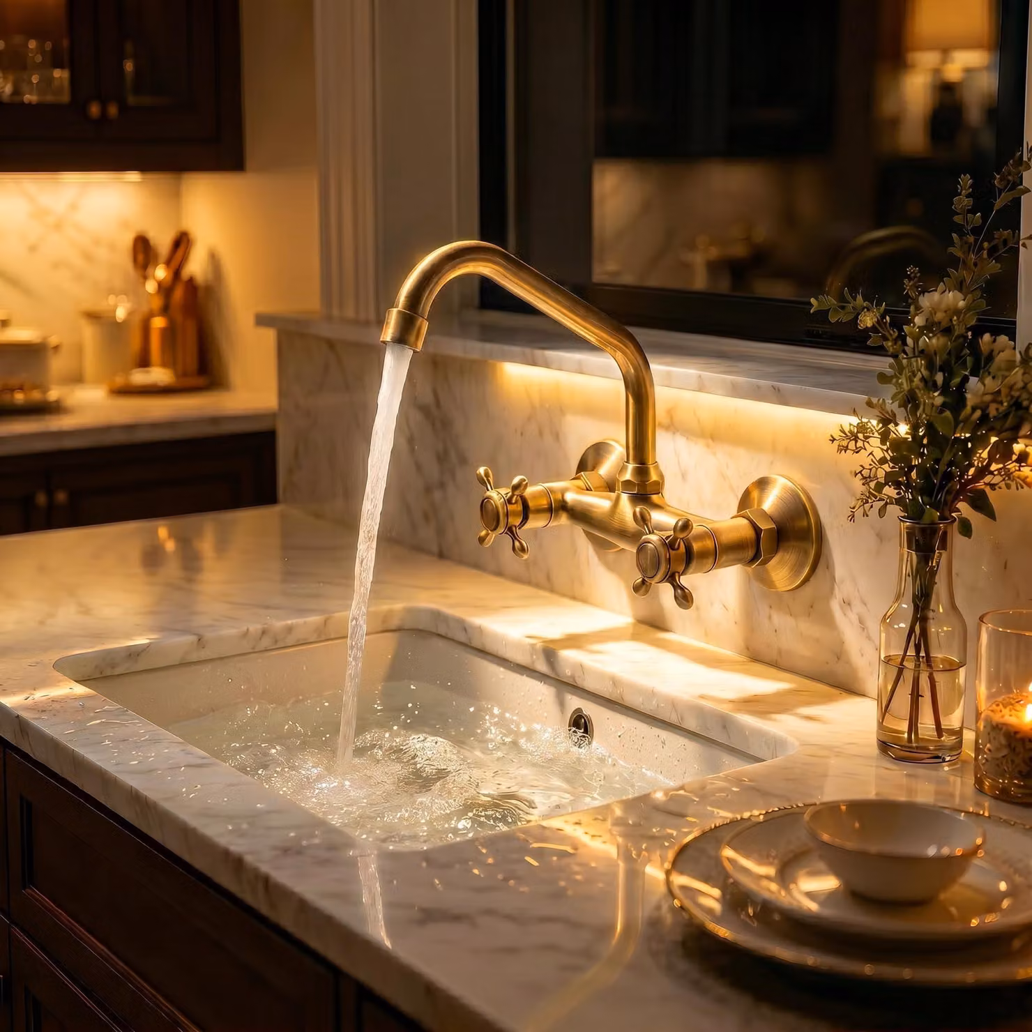 Rubinetto vintage da parete in bronzo anticato, ideale per cucina e bagno