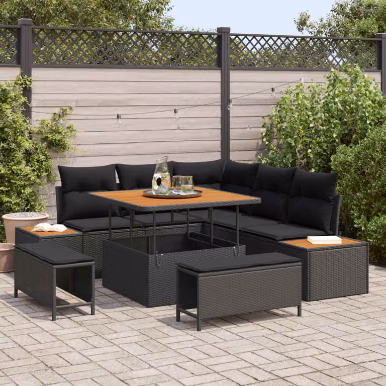 Set Divano da Giardino vidaXL a Forma di L con 8 Pezzi, Nero, in Poly Rattan con Cuscini e Tavolino da Esterno