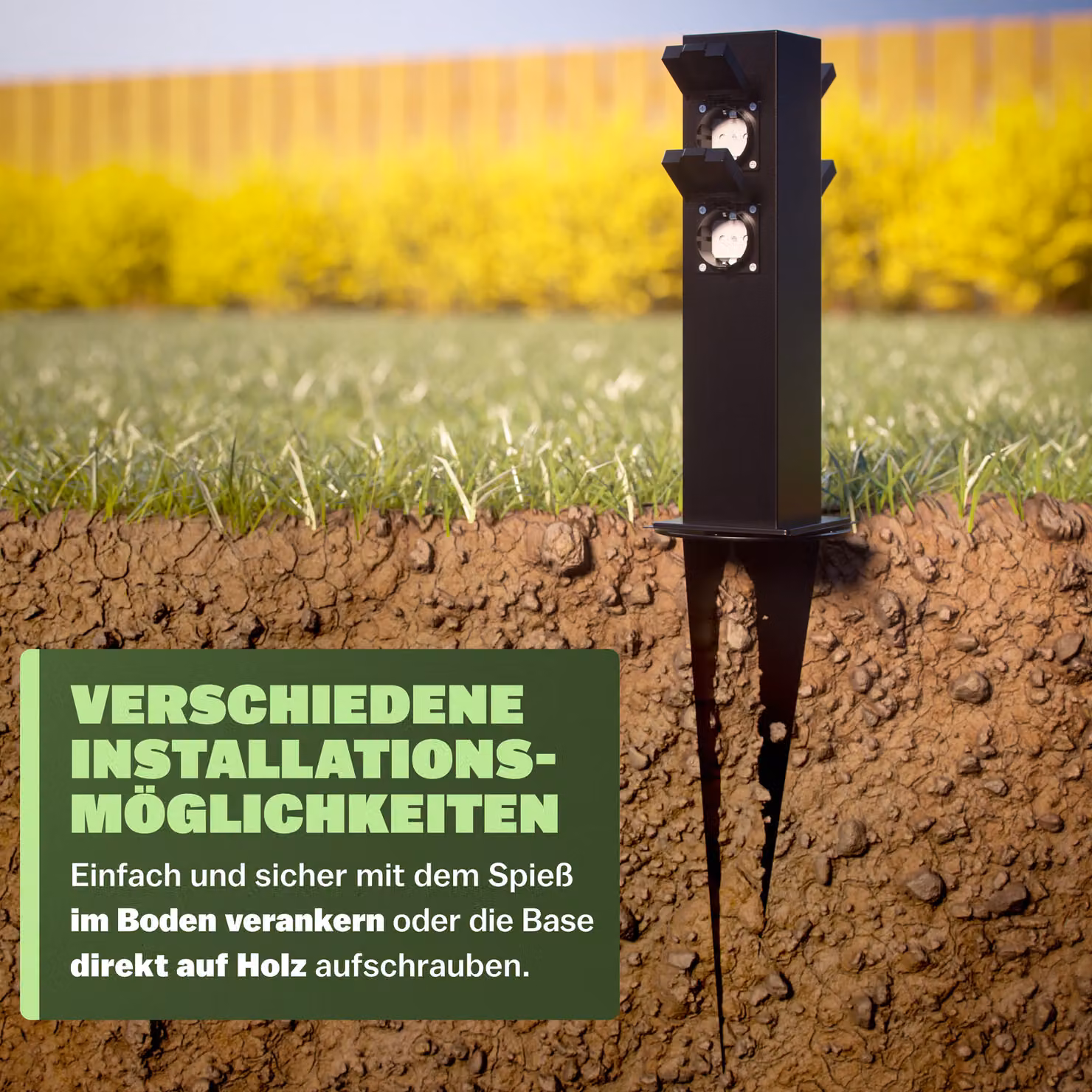 Presa di corrente quadrupla da giardino Monzana in acciaio inossidabile nera L/P/H: 38 x 12,5 x 12,5 cm – 2