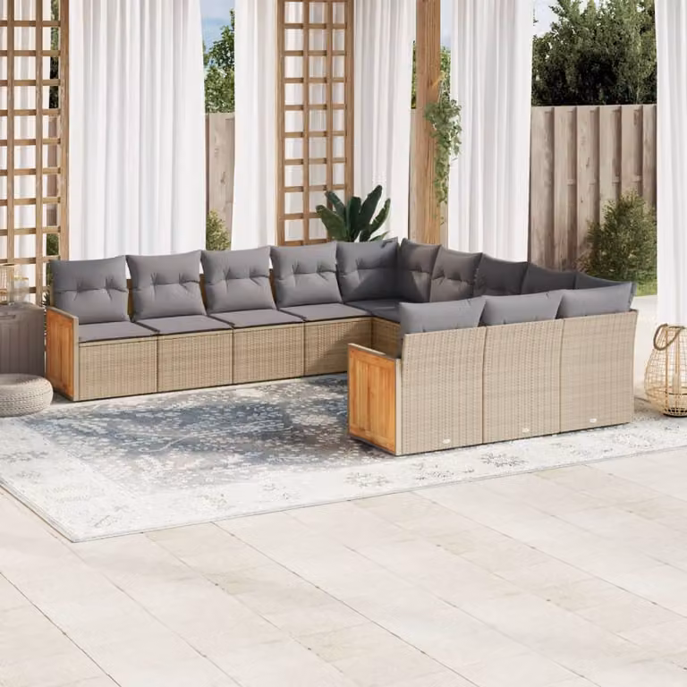 Set di divani da giardino vidaXL 11 pz a forma di L con cuscini beige e struttura in rattan e legno di acacia