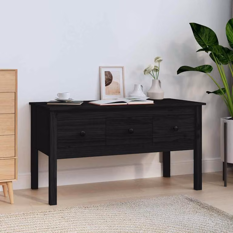 vidaXL Tavolino da Salotto Nero in Legno di Pino Massello L: 102 cm, P: 49 cm, H: 55 cm
