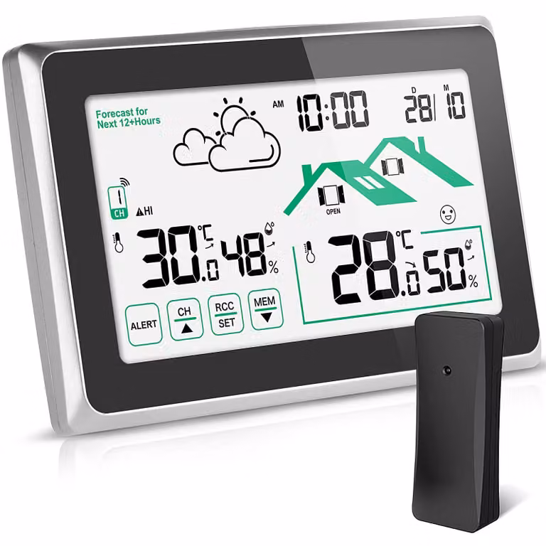 Stazione meteorologica wireless con sensore esterno, previsioni del tempo/termometro/stazione meteorologica wireless/orologio digitale/touchscreen LCD/orologio radio DCF per il monitoraggio della temperatura e dell'umidità, sia all'interno che all'esterno