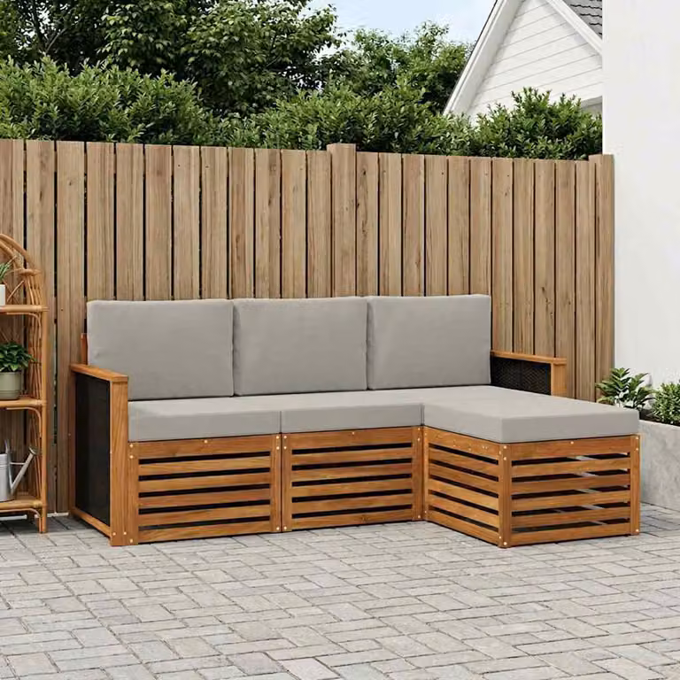 Set di divani da esterno vidaXL a forma di L in legno di acacia con pouf e cuscini, Beige, Grigio e Marrone