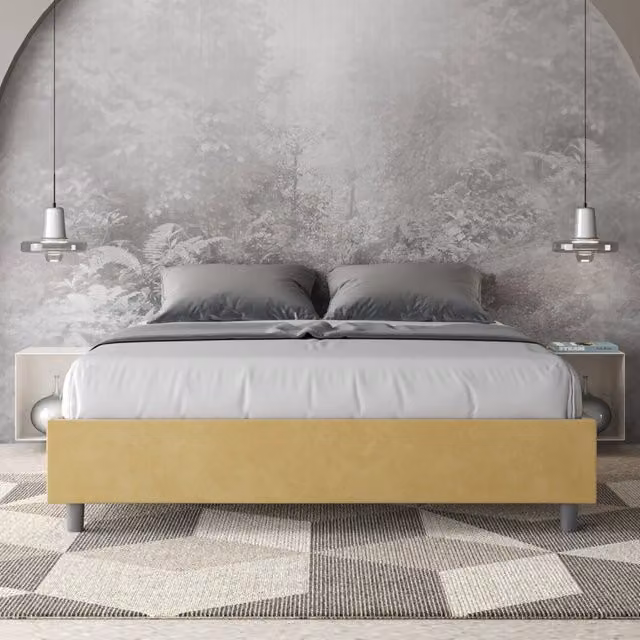 Letto queen size con rete imbottito 150x190 microfibra ocra Azelia