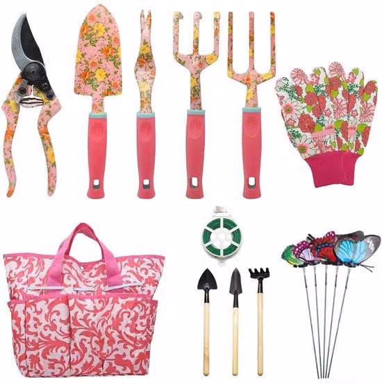 Set di 16 utensili da giardino Unyqoos® – Set completo per fiori e giardino, utensili in lega di alluminio, forbici Acciaio al carbonio, impugnature ergonomiche in TPR + borsa portaoggetti