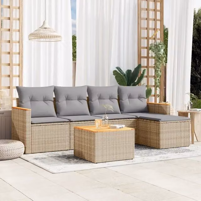 Set Divano da Giardino a L VIDAXL in Polyrattan Beige con 6 Cuscini