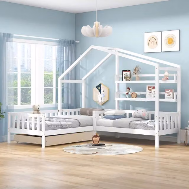 Letto a casetta per bambini 200 × 90 cm e 140 × 70 cm con cassetto, ripiani, senza materasso, bianco