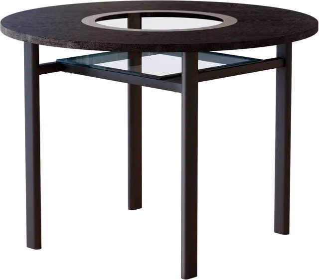 Tavolo da Pranzo Rotondo Minimaliosta 100 cm con Piano in MDF Effetto Legno Nero e Inserto in Vetro Grigio