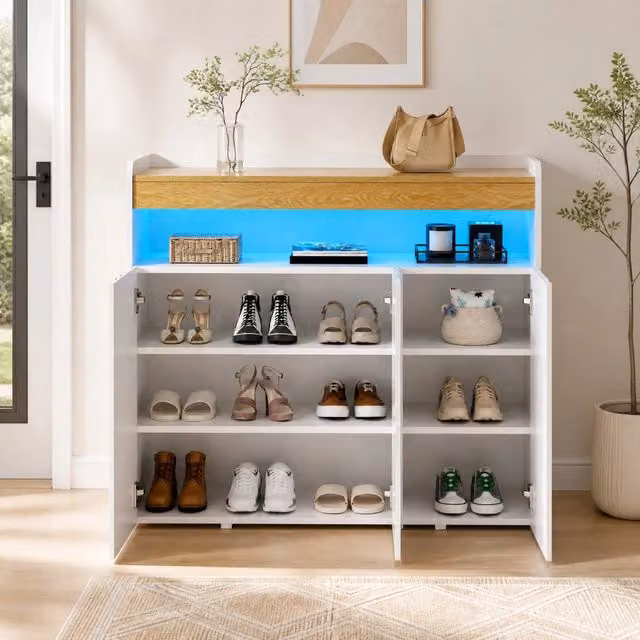 Sideboard REDOM moderno con illuminazione LED, Bianco e Beige, L 105 x P 33,5 x H 76 cm