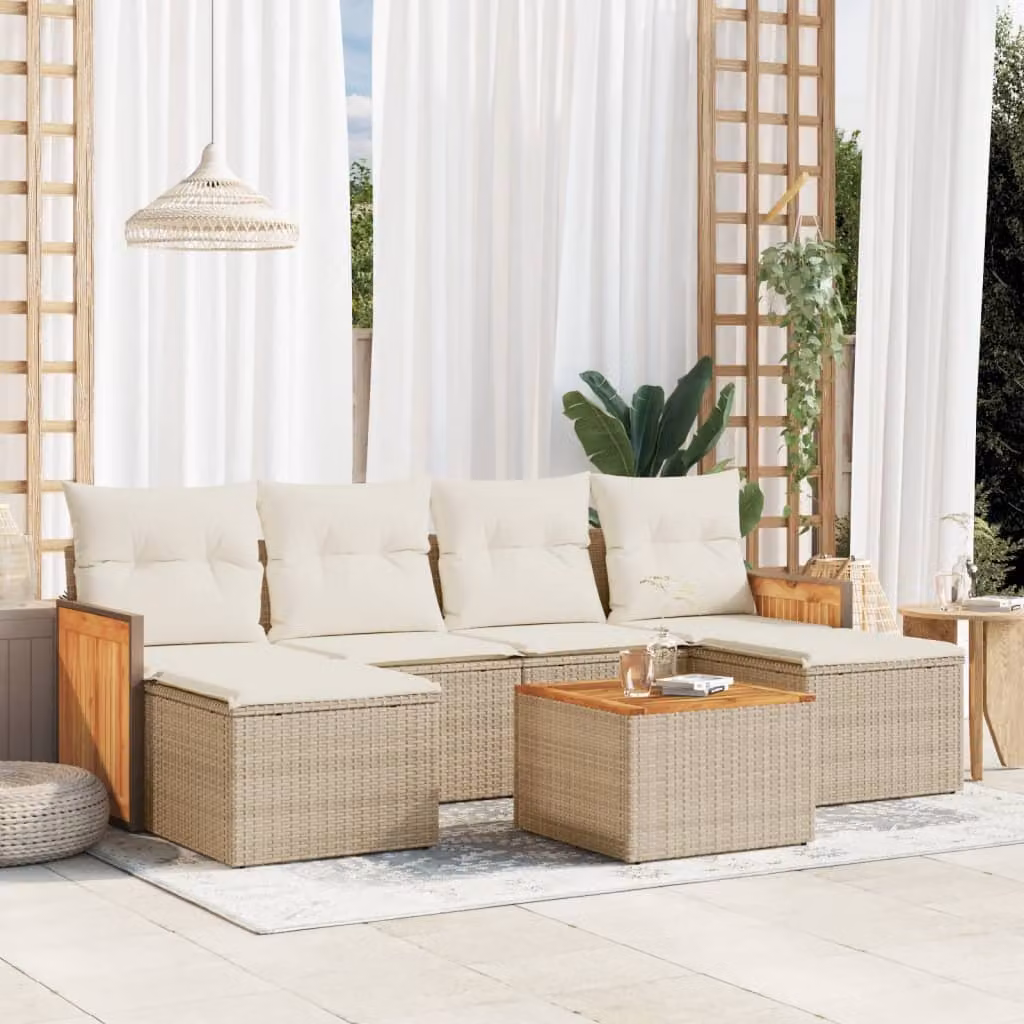 vidaXL Set Divani da Giardino 7 pz in Polyrattan con Cuscini Beige e Tavolino da Esterno – 1