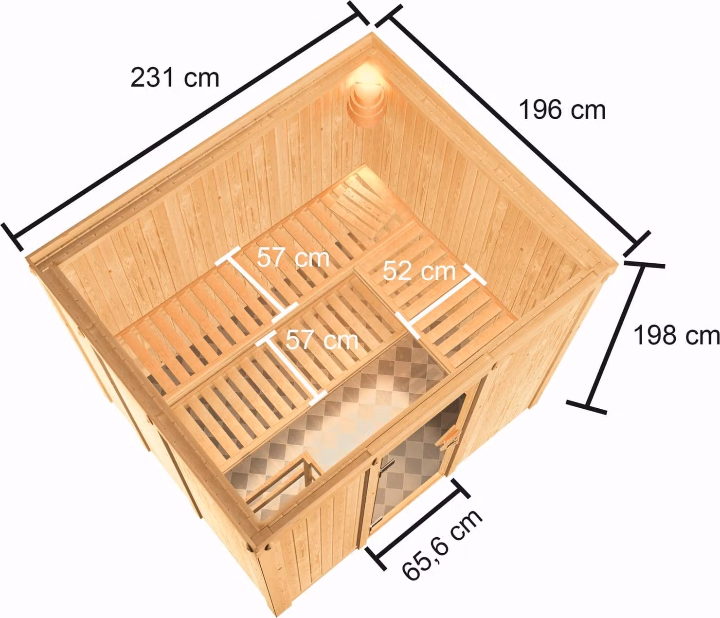 Sauna Woodfeeling Nybro (ingresso frontale), porta a tutto vetro, bronzata, riscaldatore 9 kW controllo esterno semplice
