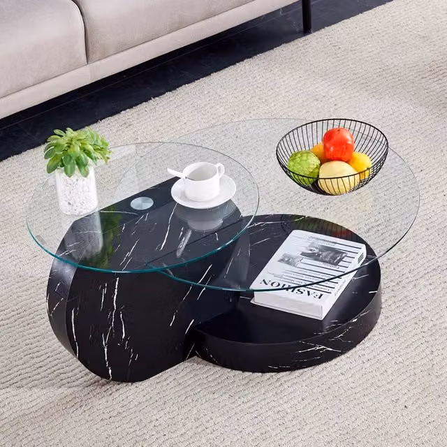 Tavolino basso OKWISH in vetro trasparente e MDF nero con ripiani multipli, stile moderno minimalista per soggiorno
