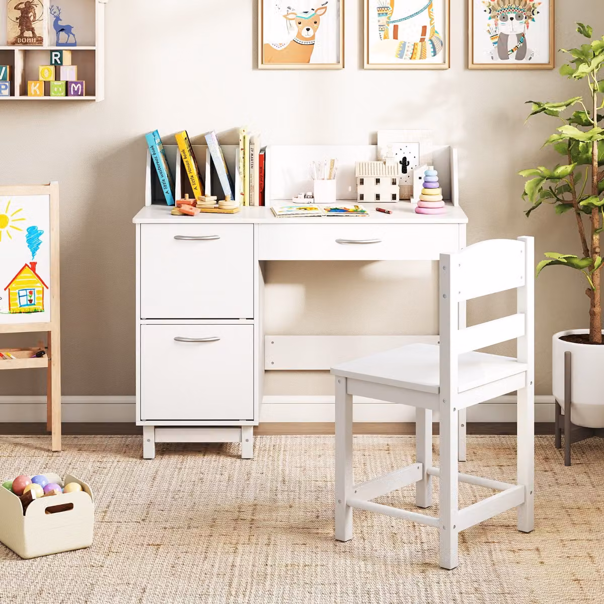 Costway Postazione di lavoro per bambini in legno con sedia e divisori per libri, Bianco
