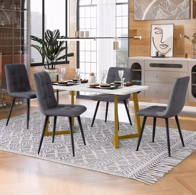 Set tavolo da pranzo rettangolare con 4 sedie; MDF grigio e rivestimento in lino