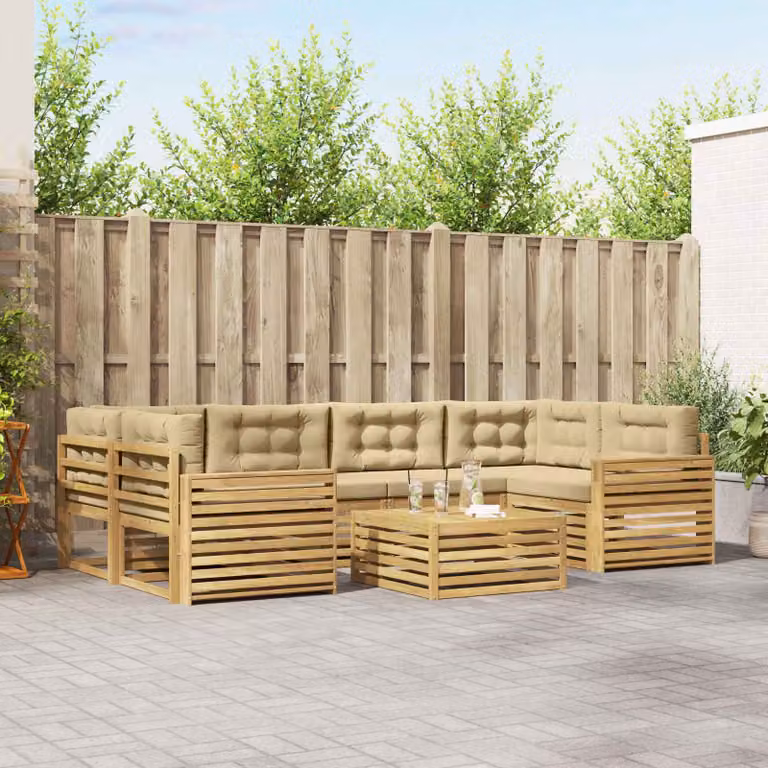 Set di divani da esterno vidaXL a forma di U in legno di acacia con tavolo da caffè, 7 pezzi, Bianco, Beige e Marrone