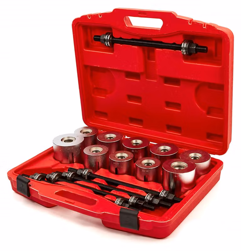 Set-kit estrattore silent block auto, 34–90 mm con manicotti universali per rimozione sicura di cuscinetti e boccole