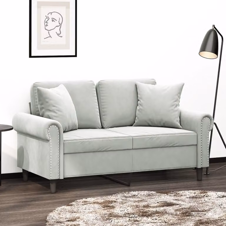 vidaXL Divano a 2 Posti Moderno in Velluto Grigio con Cuscini e Struttura in Metallo L: 152 cm, P: 80 cm, H: 77 cm