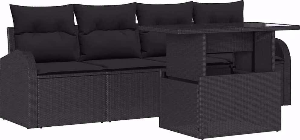 Set Divano da Giardino con cuscino 5 pcs Nero Poly Rattan