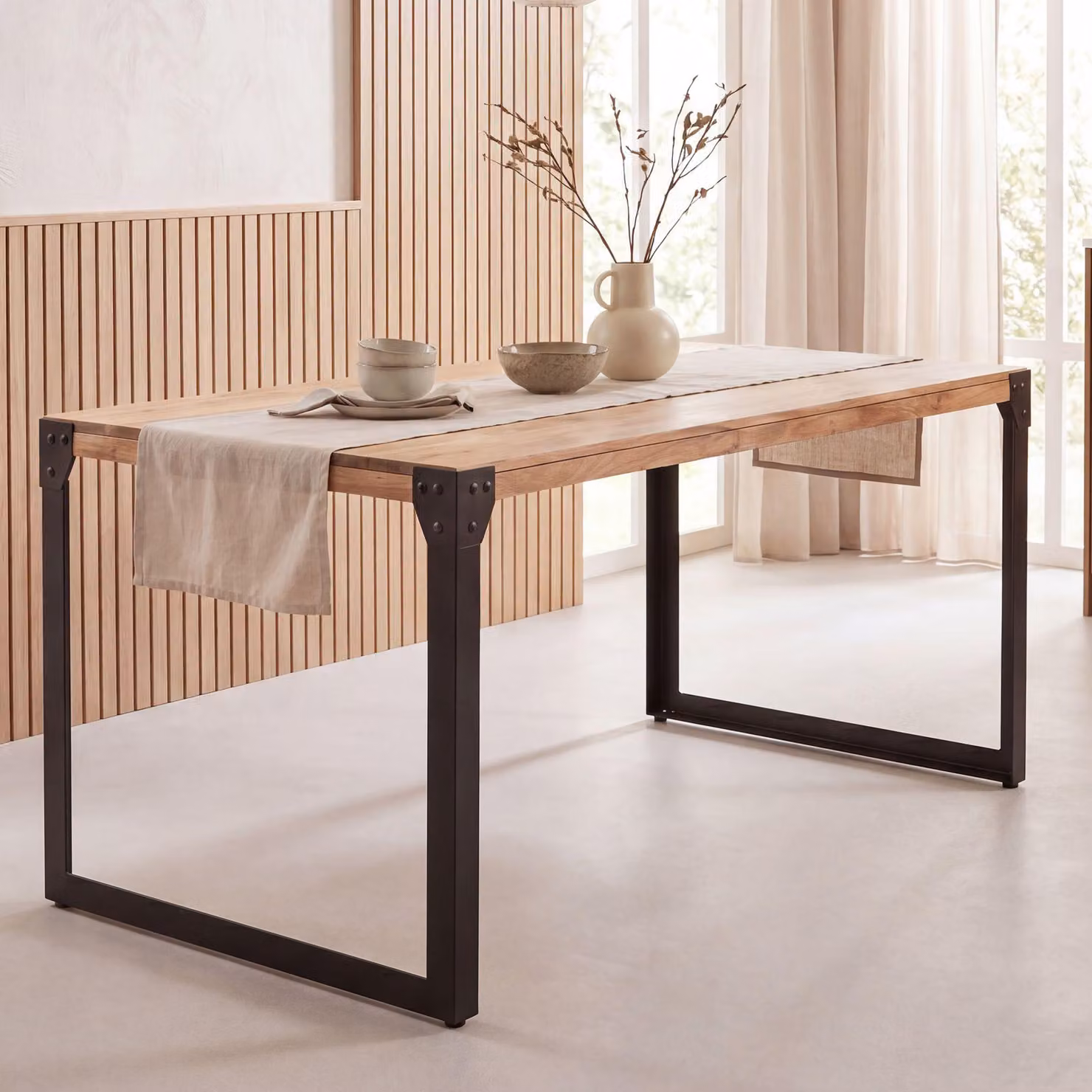 FineBuy Tavolo da pranzo rettangolare 120 cm in legno massiccio di acacia - Piccolo tavolo da pranzo dal design industriale con struttura in metallo, tavolo da cucina in legno 4-6 persone