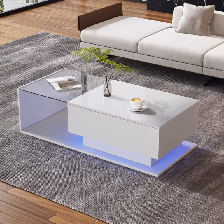 MODFU tavolino da salotto con LED lucido, tavolino da divano, rettangolare, con piano in vetro e cassetti, bianco