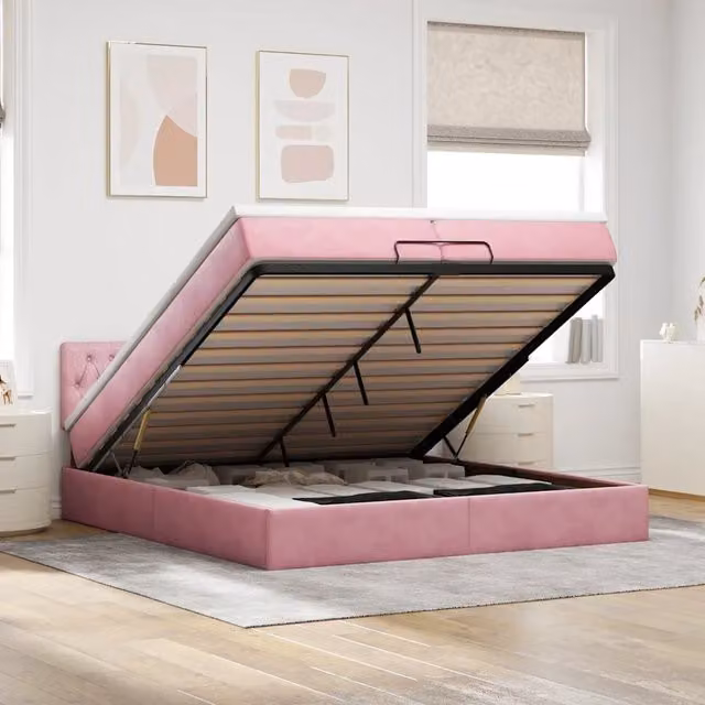 Letto con contenitore a sollevamento vidaXL in velluto rosa e bianco con illuminazione sottostante e porte USB L/P/H: 203 x 200 x 280 cm – 1