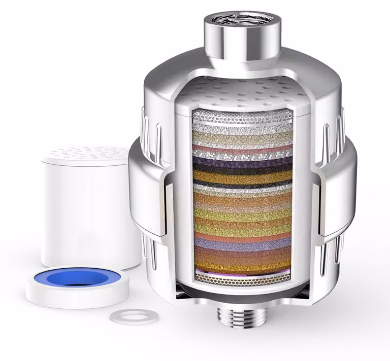 Filtro doccia a 36 stadi per acqua dura, riduce cloro e metalli pesanti, capacità di 20.000 litri, 1 filtro di ricambio, finitura cromata argento