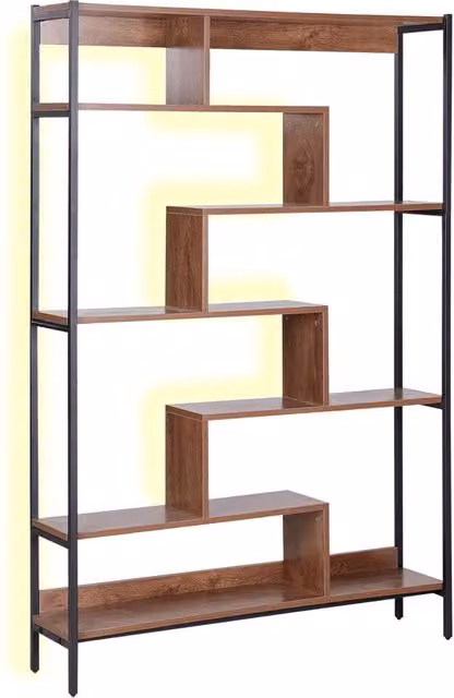 Libreria Beliani in stile industriale con 6 ripiani, struttura in metallo nero e legno scuro con luci LED integrate, H 180 x L 120 x P 37 cm